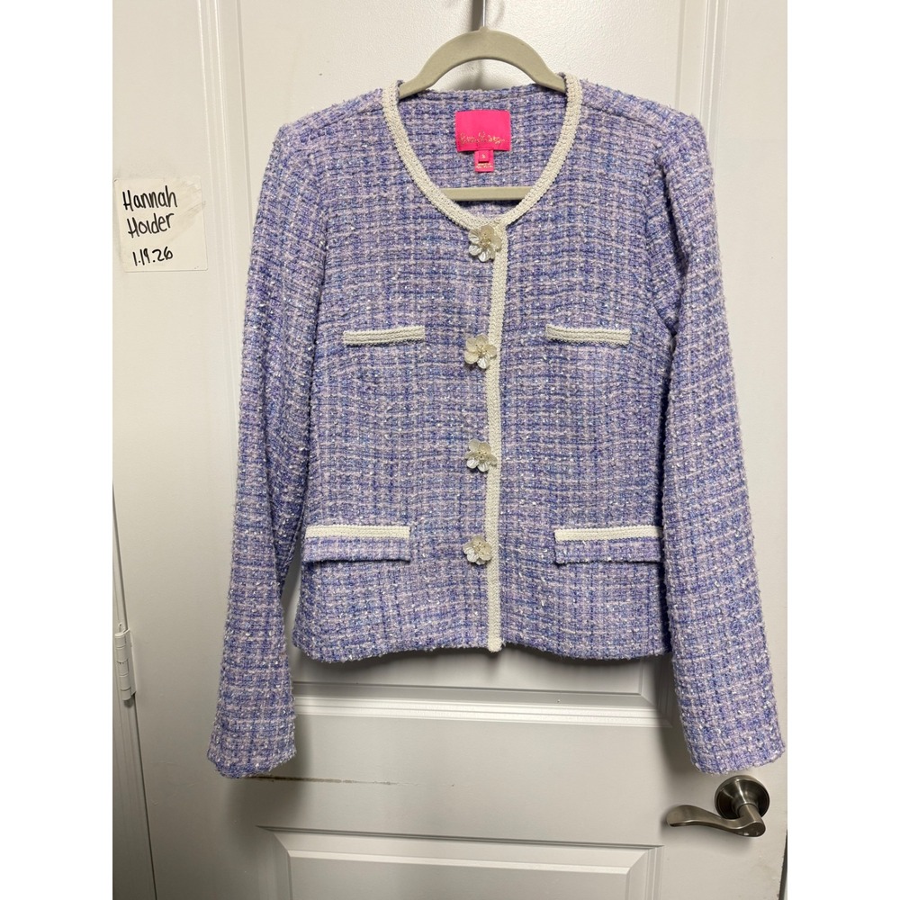 Lilly Pulitzer Purple Tweed Jacket Floral Sequin Button Crochet Trim Womens S
